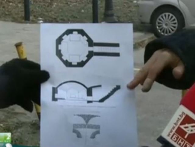 Blueprints of the rediscovered Roman tomb in Varna based on Karel and Hermann Skorpil's excavations in the late 19th century explaining its octangular design. Photo: TV grab from BNT 2